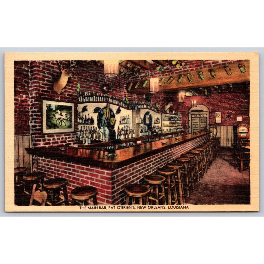 Postcard Louisiana New Orleans Pat O'Brians Main Bar Spanish Theatre Linen c1940